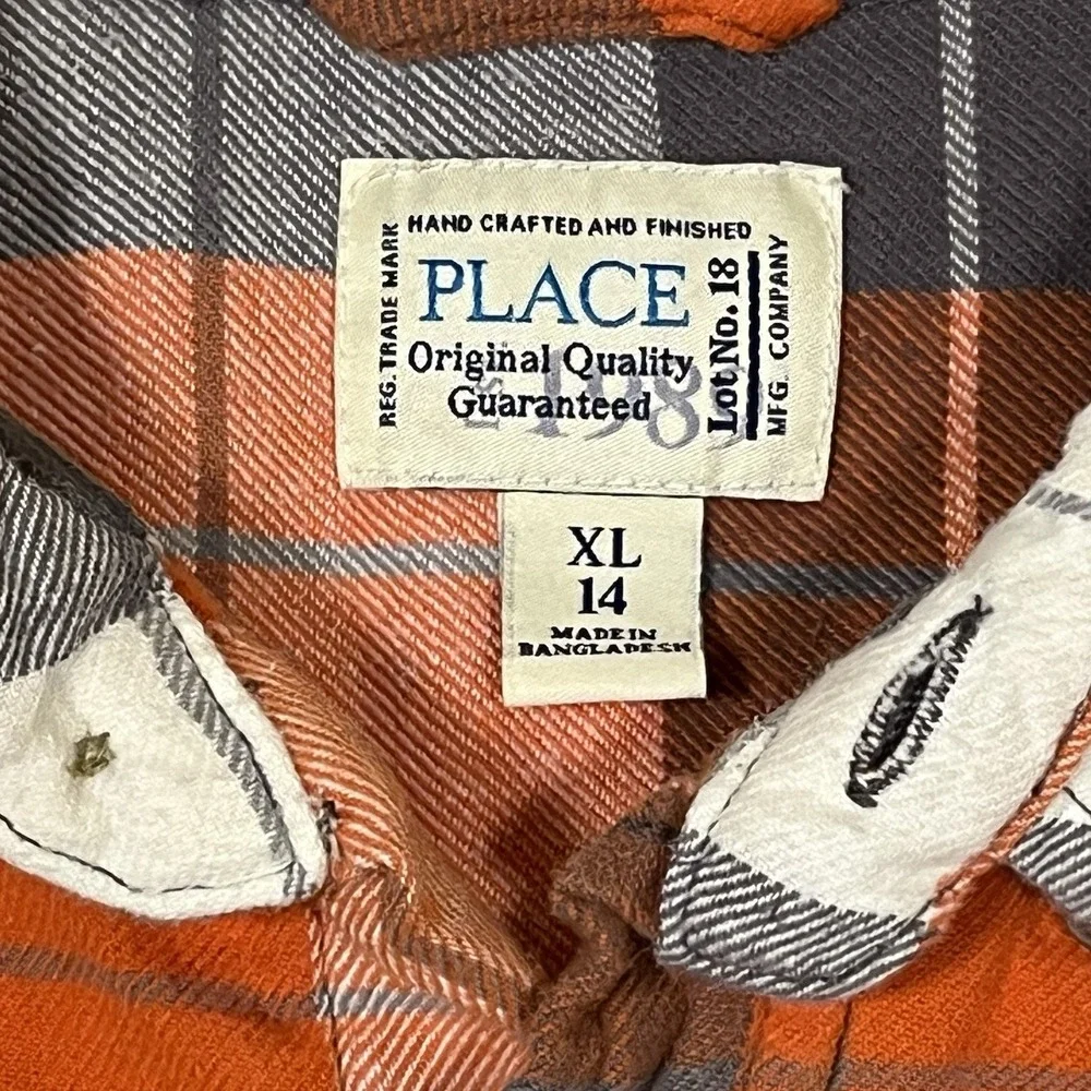 Kids The Children's‎ Place Orange Gray Flannel Button Shirt Size XL 14 Preppy
